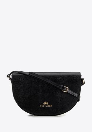 Women's saddle bag made from lizard-textured leather, black, 29-4E-023-1, Photo 1