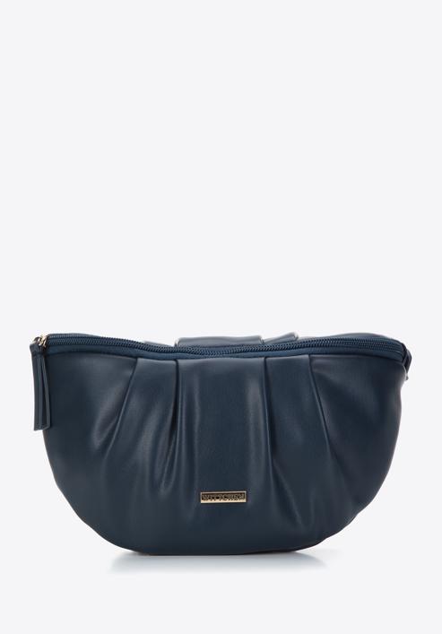 Women's ruched faux leather wrist bag, navy blue, 97-3Y-526-3, Photo 1