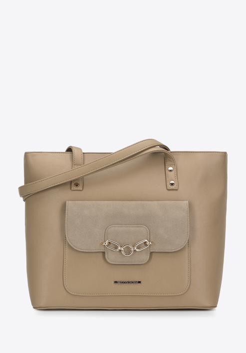 Faux leather shopper bag with chain detail, beige, 95-4Y-413-1, Photo 1
