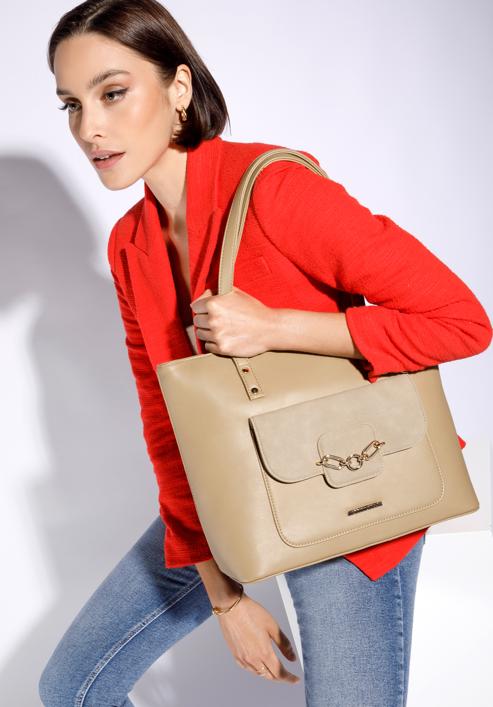Faux leather shopper bag with chain detail, beige, 95-4Y-413-1, Photo 15