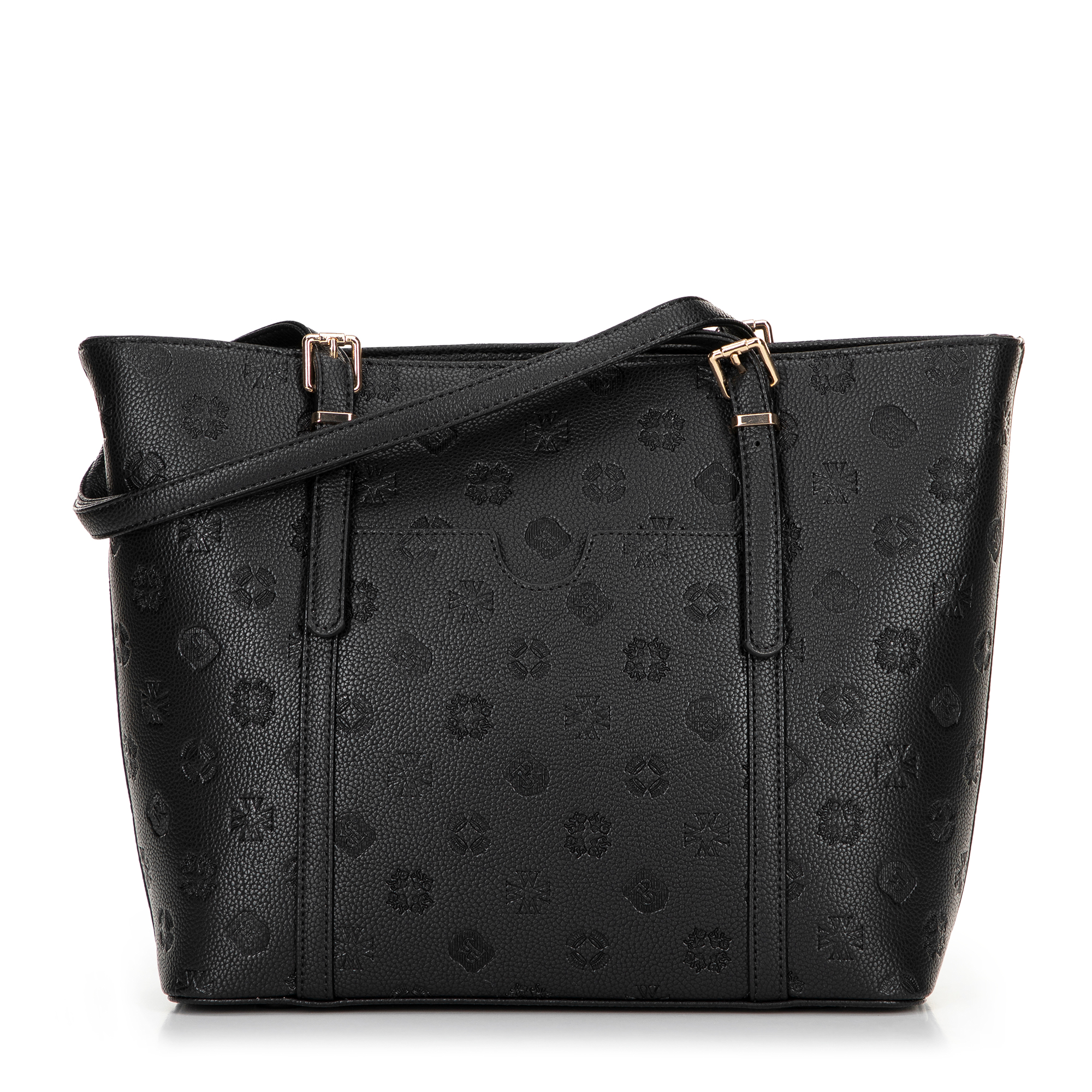 Dámska nákupná kabelka z imitácie kože s reliéfnym podpisom, čierna 101-4Y-P05-1