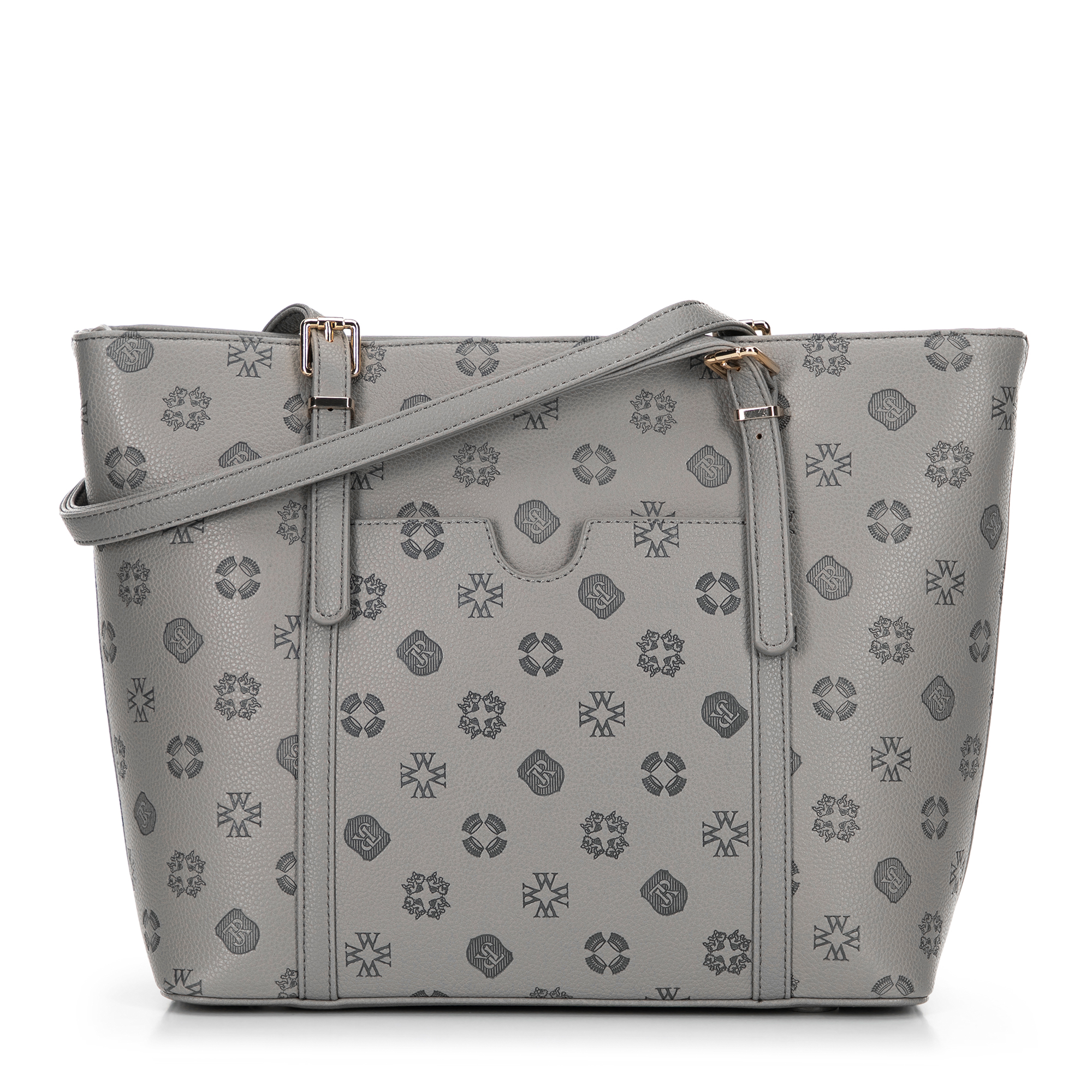 Dámska nákupná kabelka z imitácie kože s reliéfnym podpisom, sivá 101-4Y-P05-8