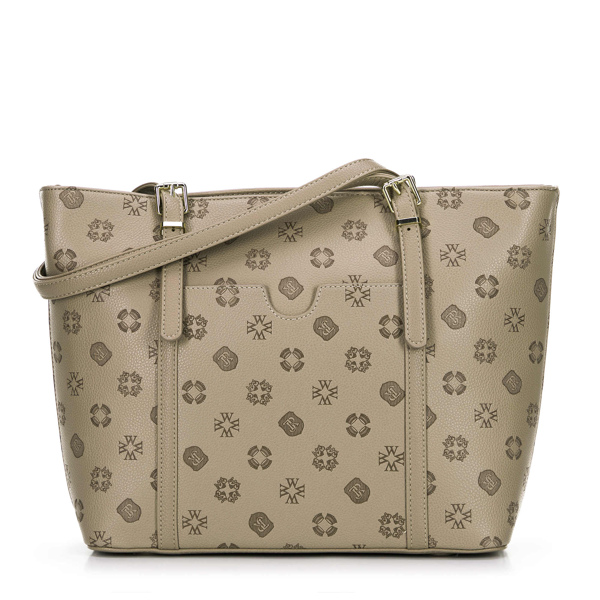 Dámska nákupná kabelka z imitácie kože s reliéfnym podpisom, béžová 101-4Y-P05-9