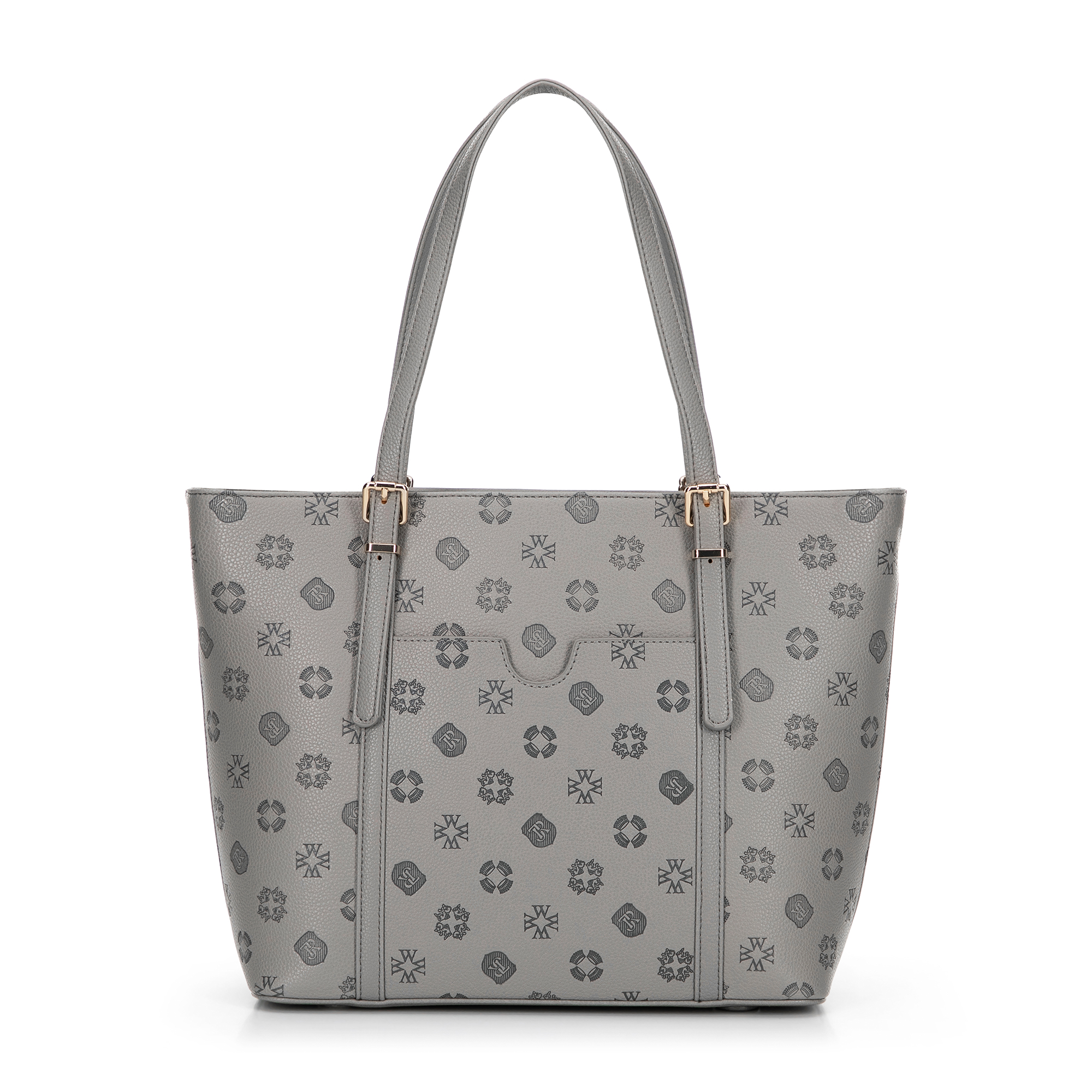 Dámska nákupná kabelka z imitácie kože s reliéfnym podpisom, sivá 101-4Y-P05-8