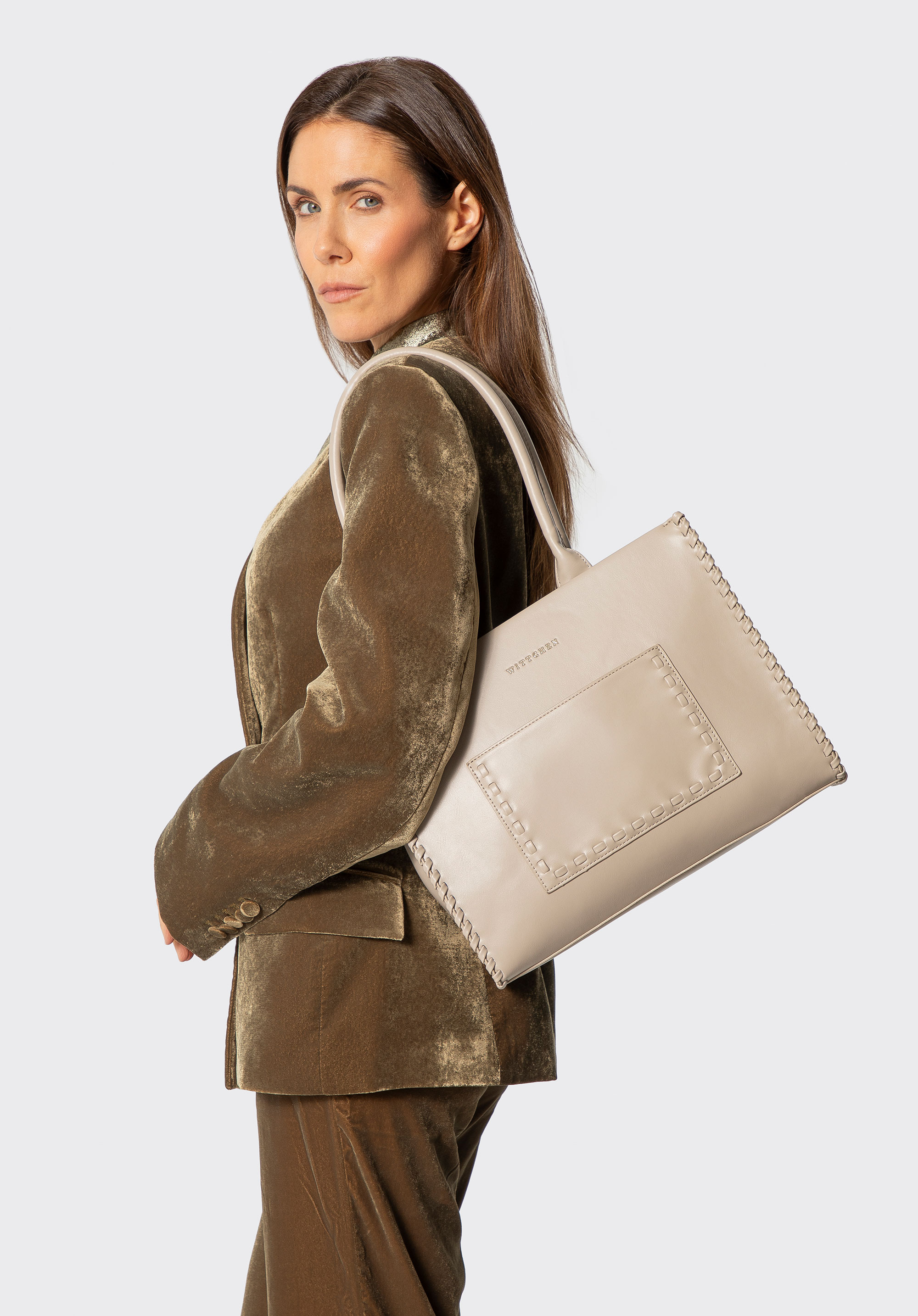 Damska shopperka z imitacji skóry z dekoracyjną plecionką, beżowy, 101-4Y-401-9, Zdjęcie 1