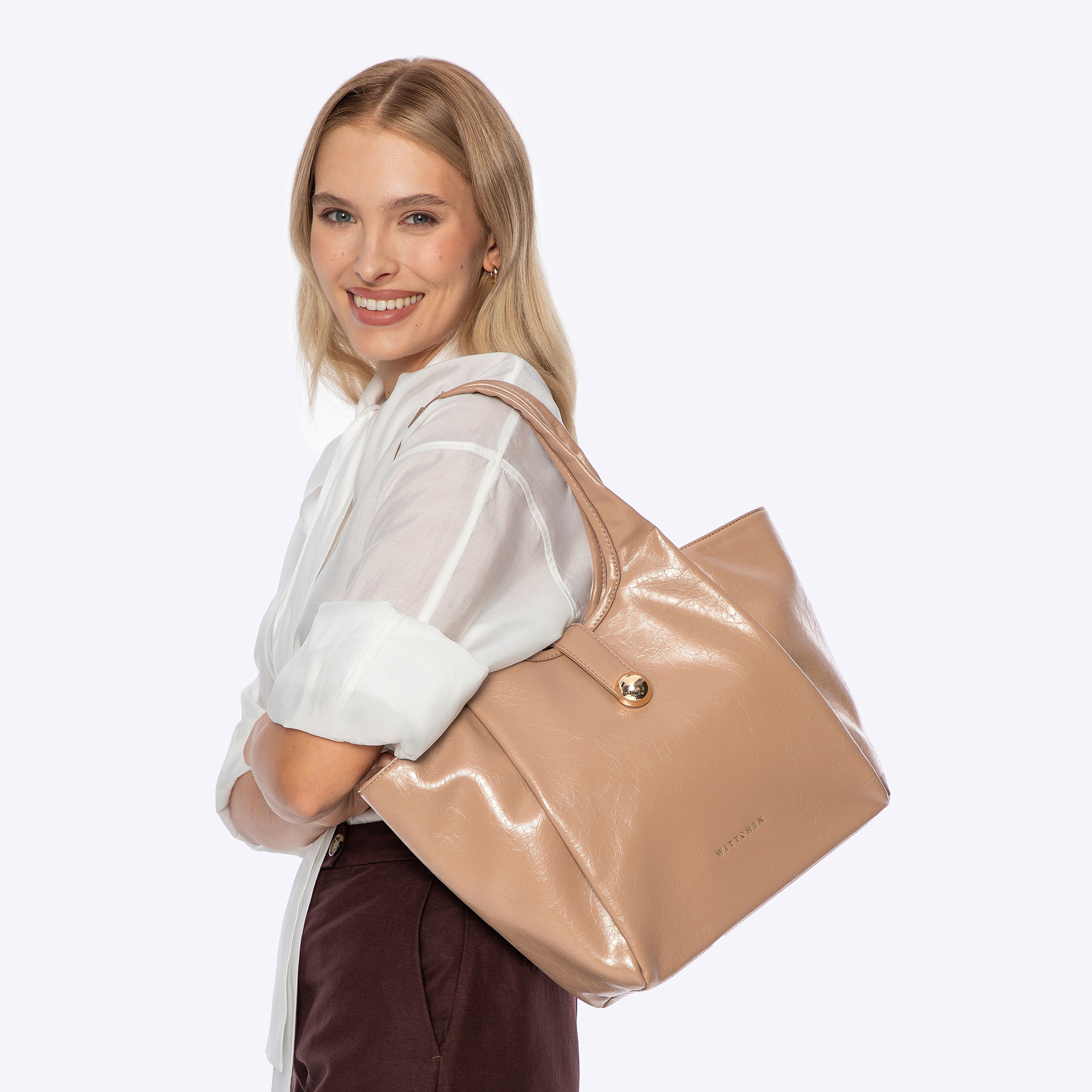 Dámska shopper kabelka z ekologickej kože béžová s ozdobným pásikom 101-4Y-418-9, Vyberte variant béžová
