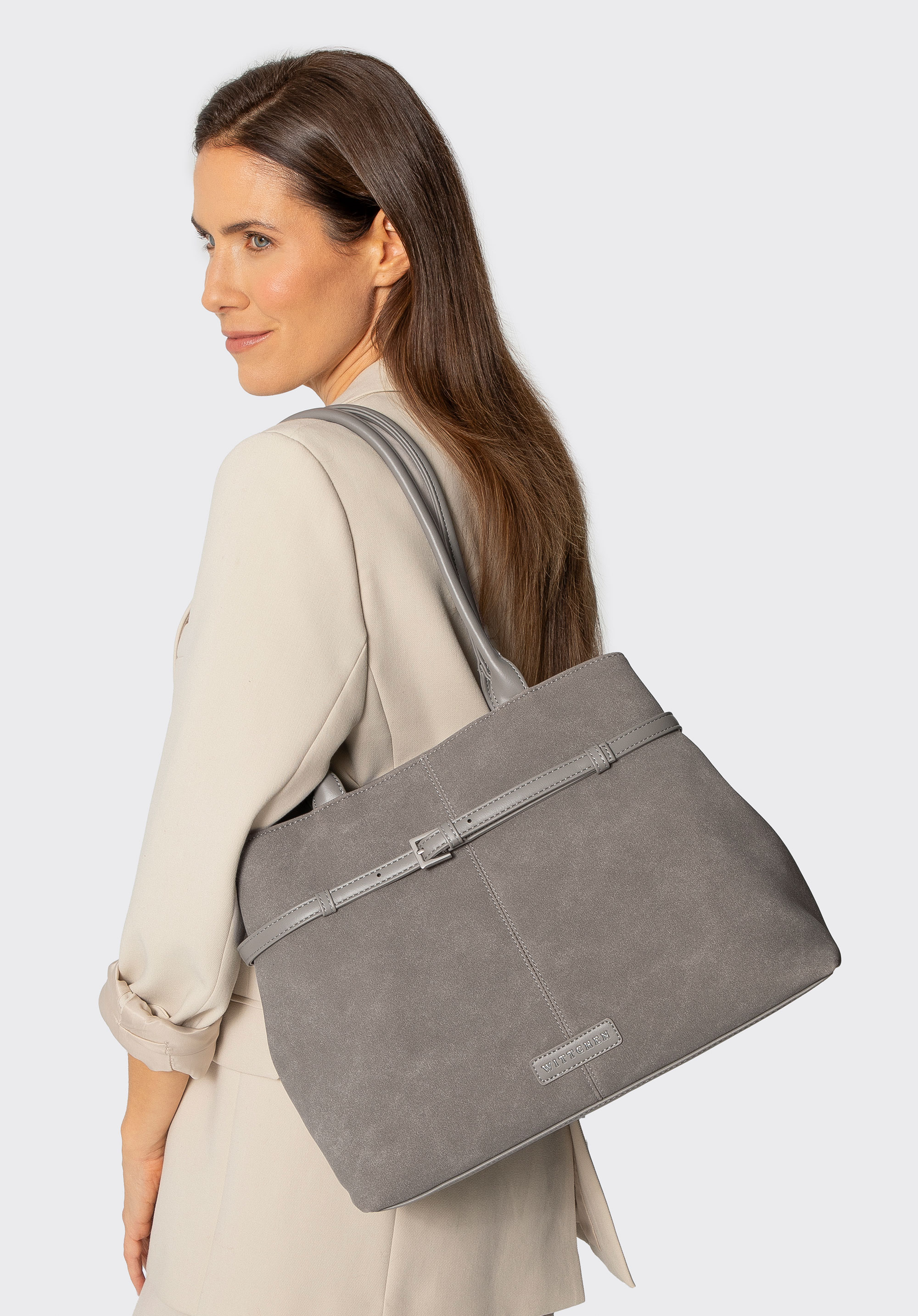 Damska shopperka z ozdobnym paskiem na froncie, szary, 101-4Y-422-8, Zdjęcie 1