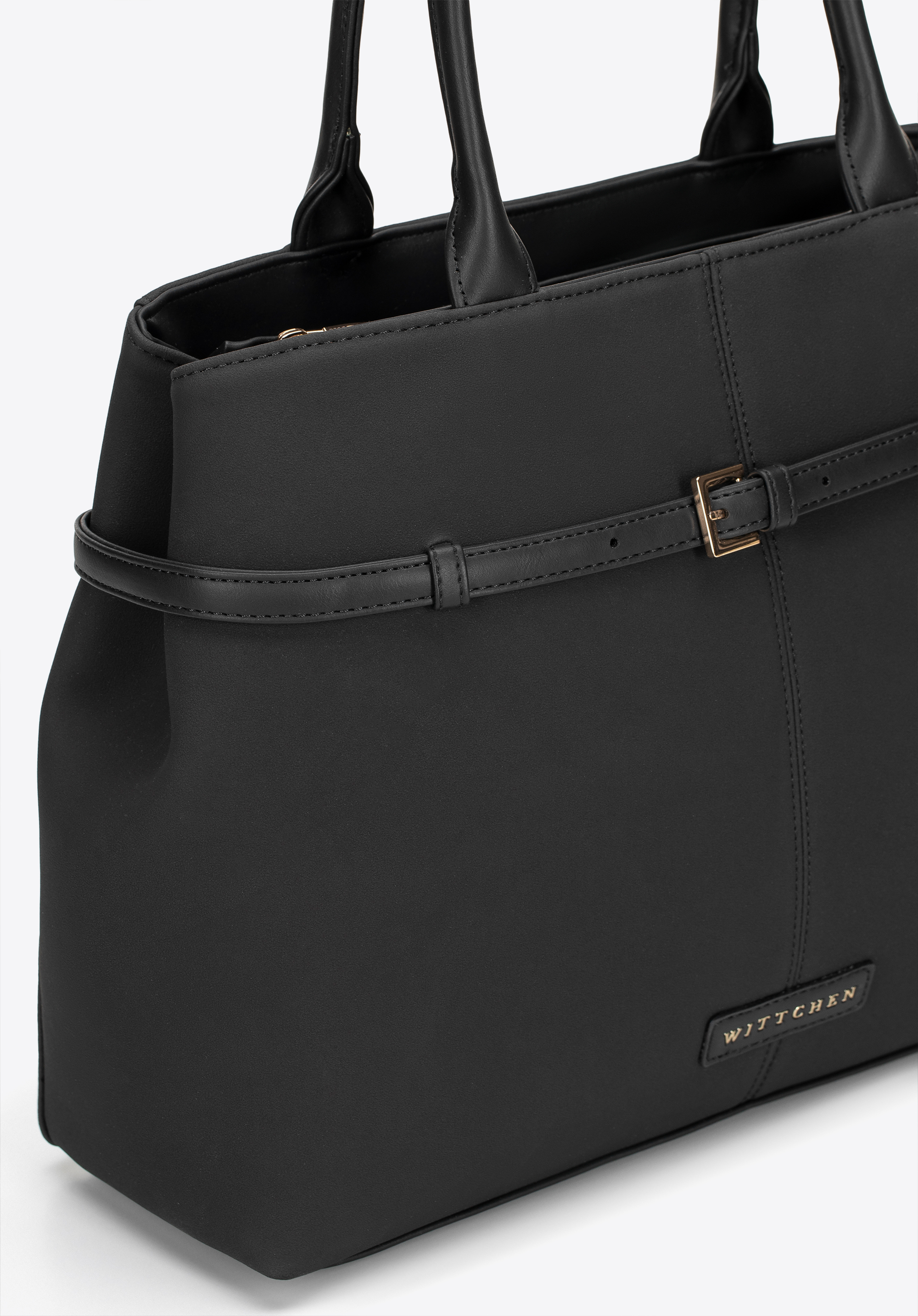 Damska shopperka z ozdobnym paskiem na froncie czarno - złota