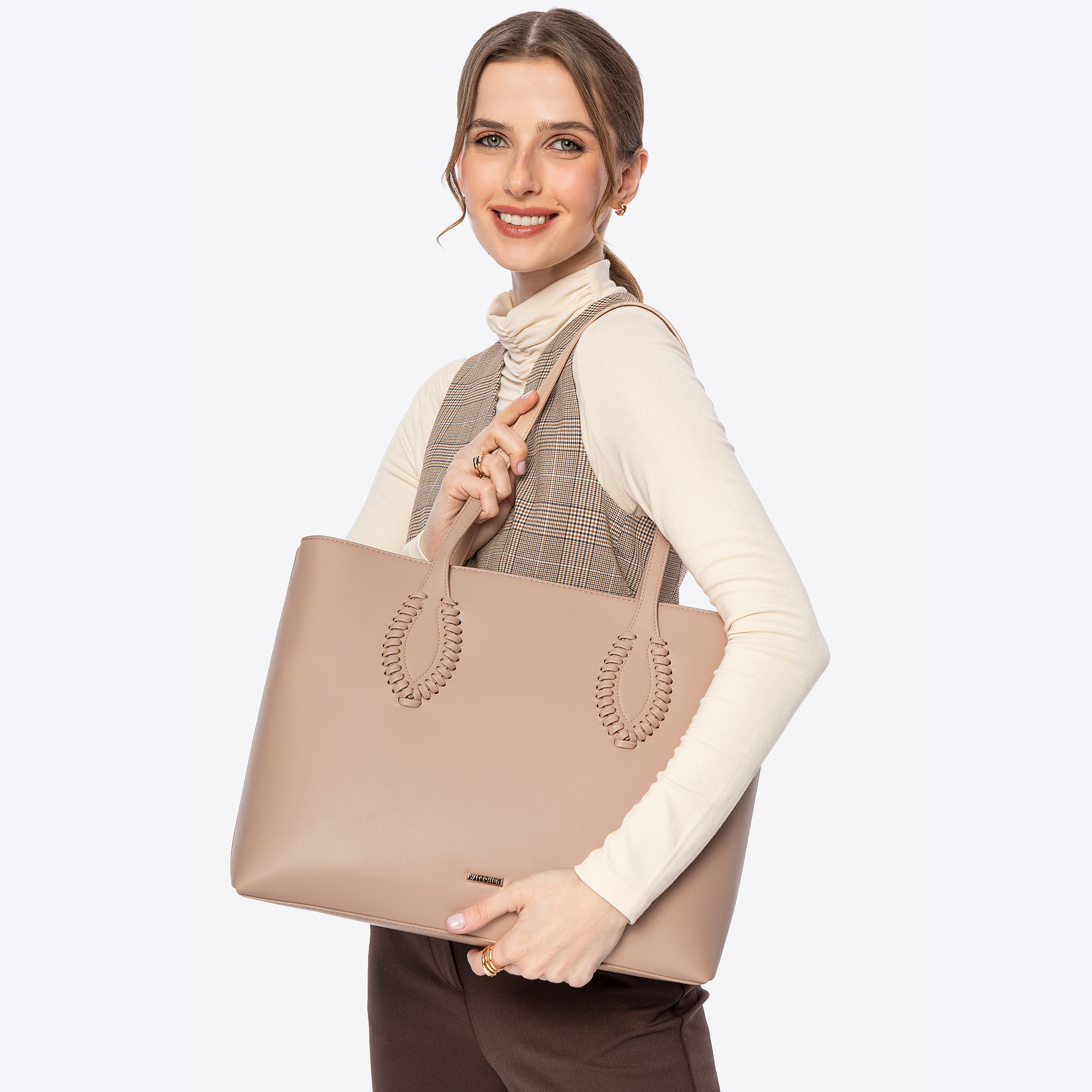 Dámska shopper kabelka z ekologickej kože béžová s pleteným detailom 100-4Y-234-9, Vyberte variant béžová