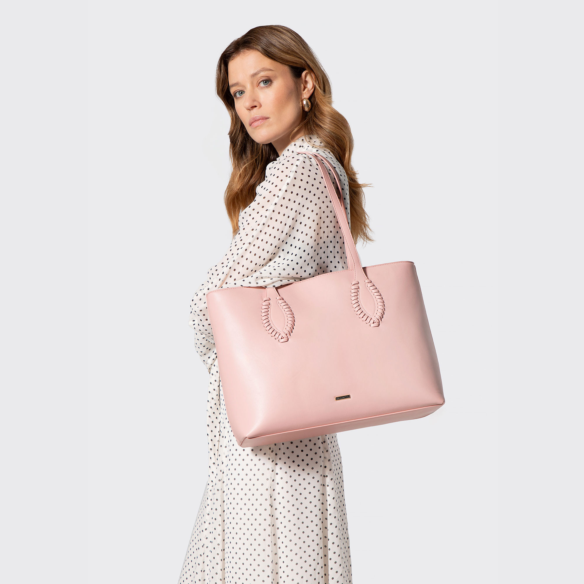 Dámska shopper kabelka z ekologickej kože ružová s pleteným detailom 100-4Y-234-P, Vyberte variant ružová