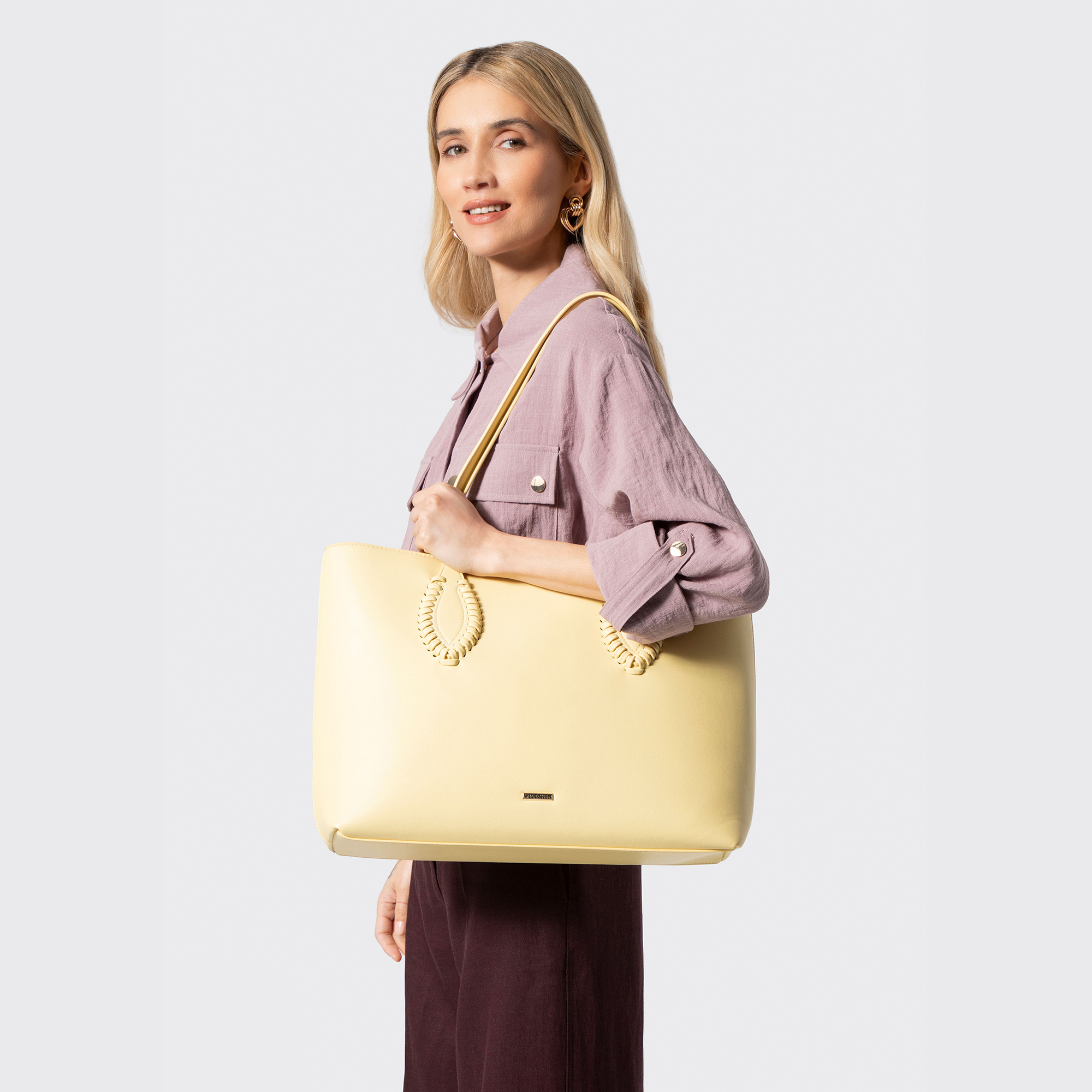 Dámska shopper kabelka z ekologickej kože žltá s pleteným detailom 100-4Y-234-Y, Vyberte variant žltá