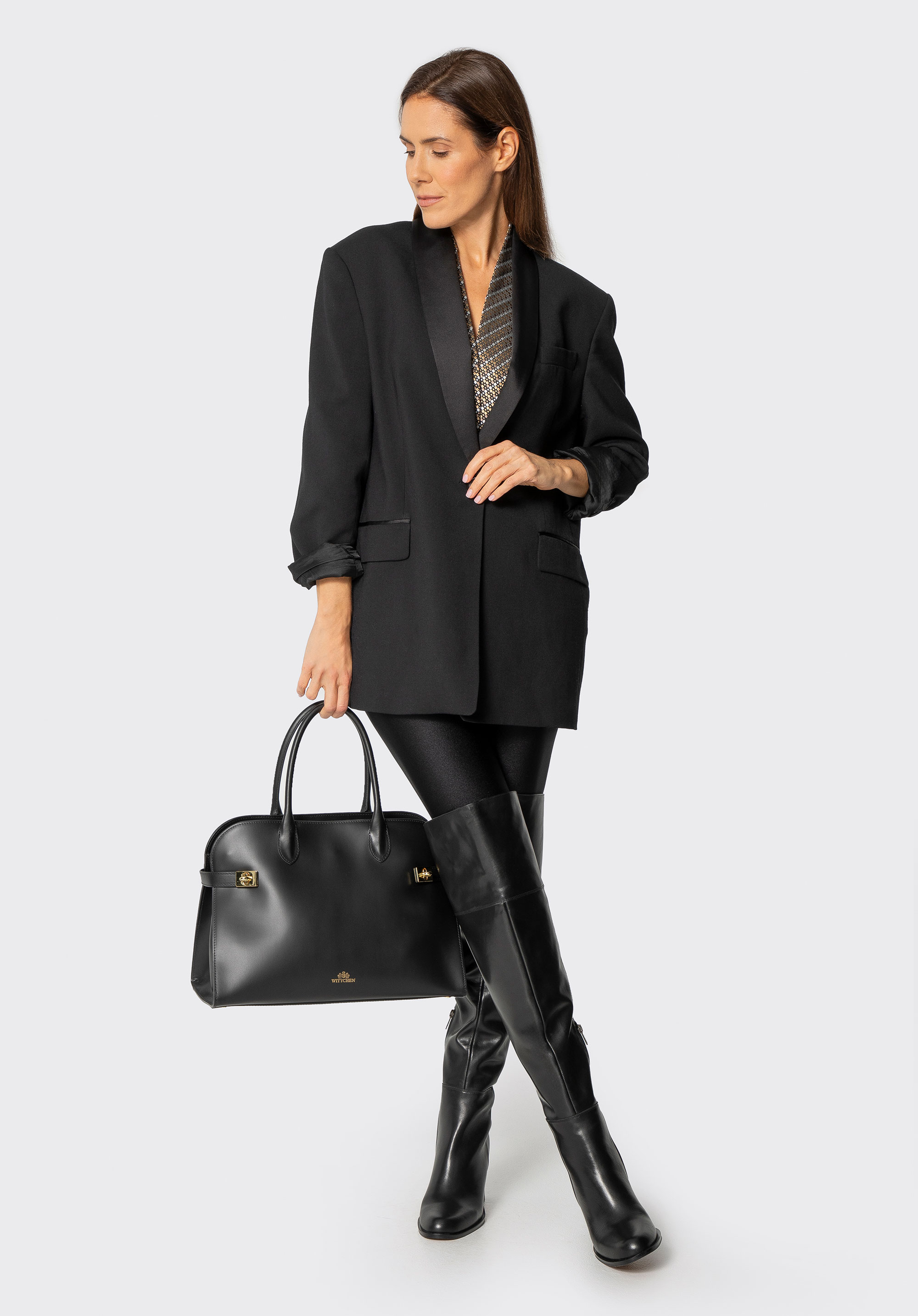 Damska shopperka ze skóry naturalnej z błyszczącymi elementami, czarny, 102-4E-000-1, Zdjęcie 1