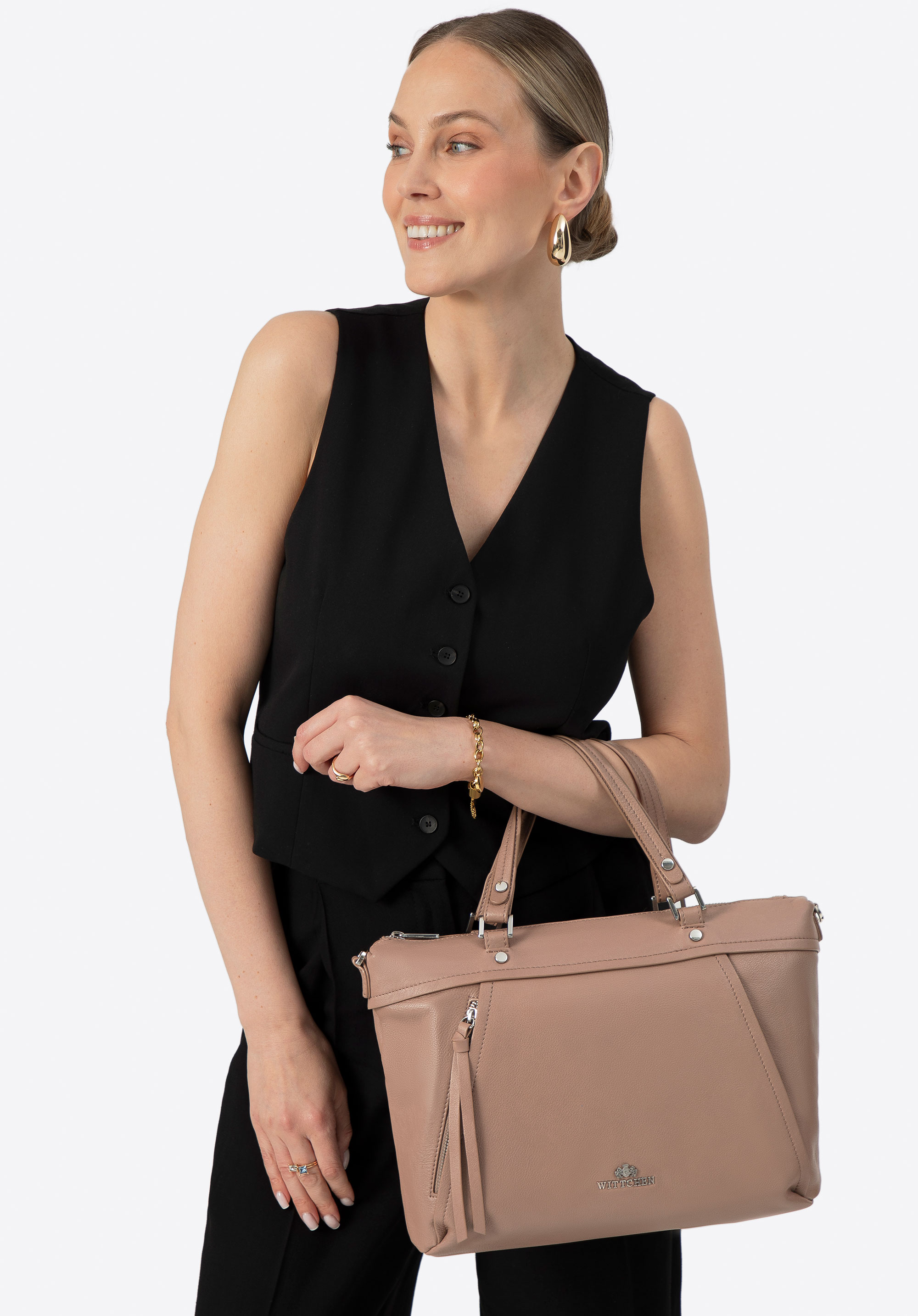 Women's leather shopper bag with a tassel detail, beige, 100-4E-802-9, Photo 1