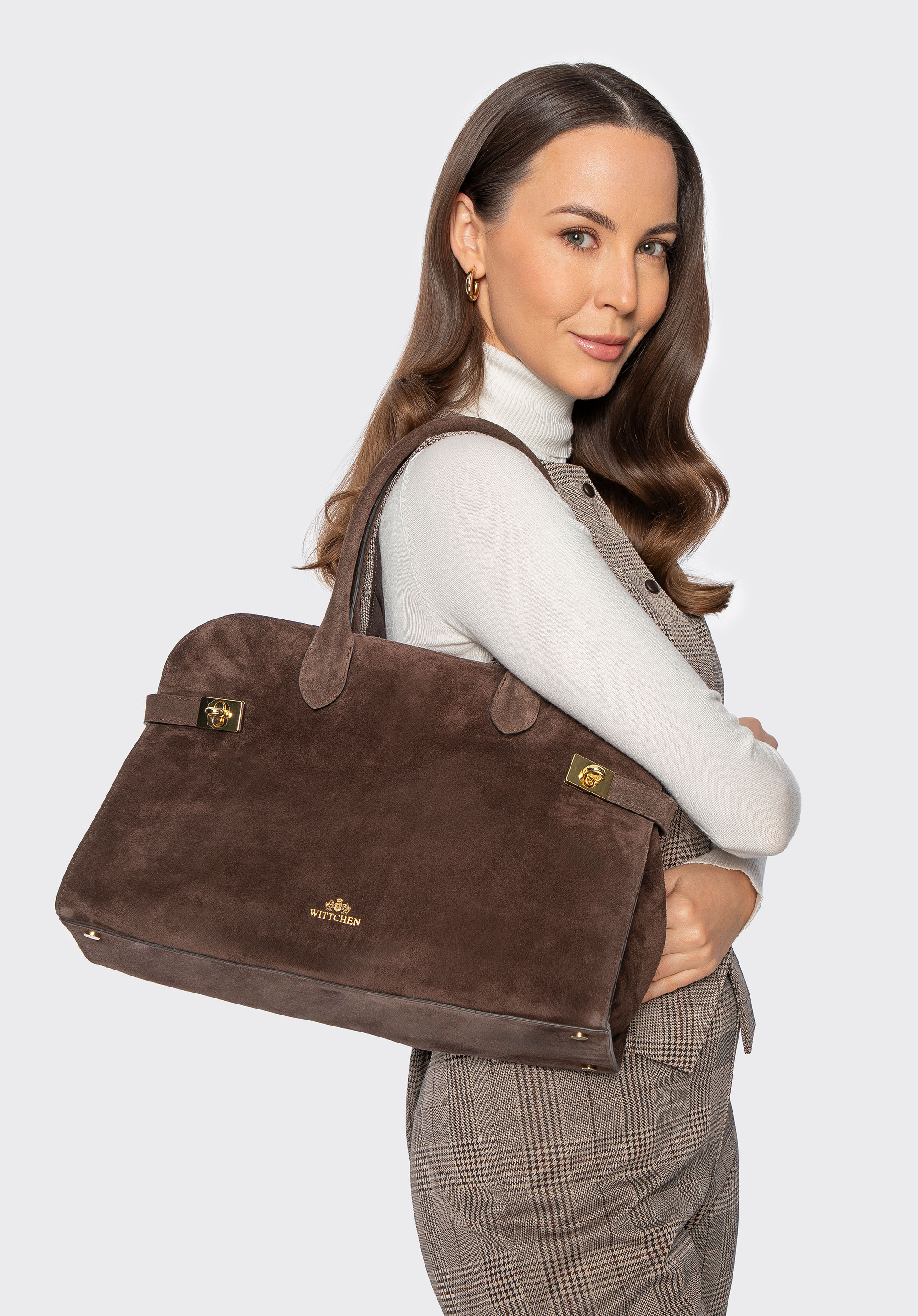 Damska shopperka ze skóry naturalnej zamszowej, ciemny brąz, 102-4E-000-8, Zdjęcie 1