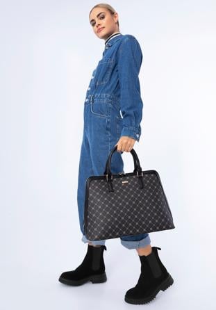 Women's faux leather monogram 13” laptop bag, black, 97-4Y-206-1, Photo 1
