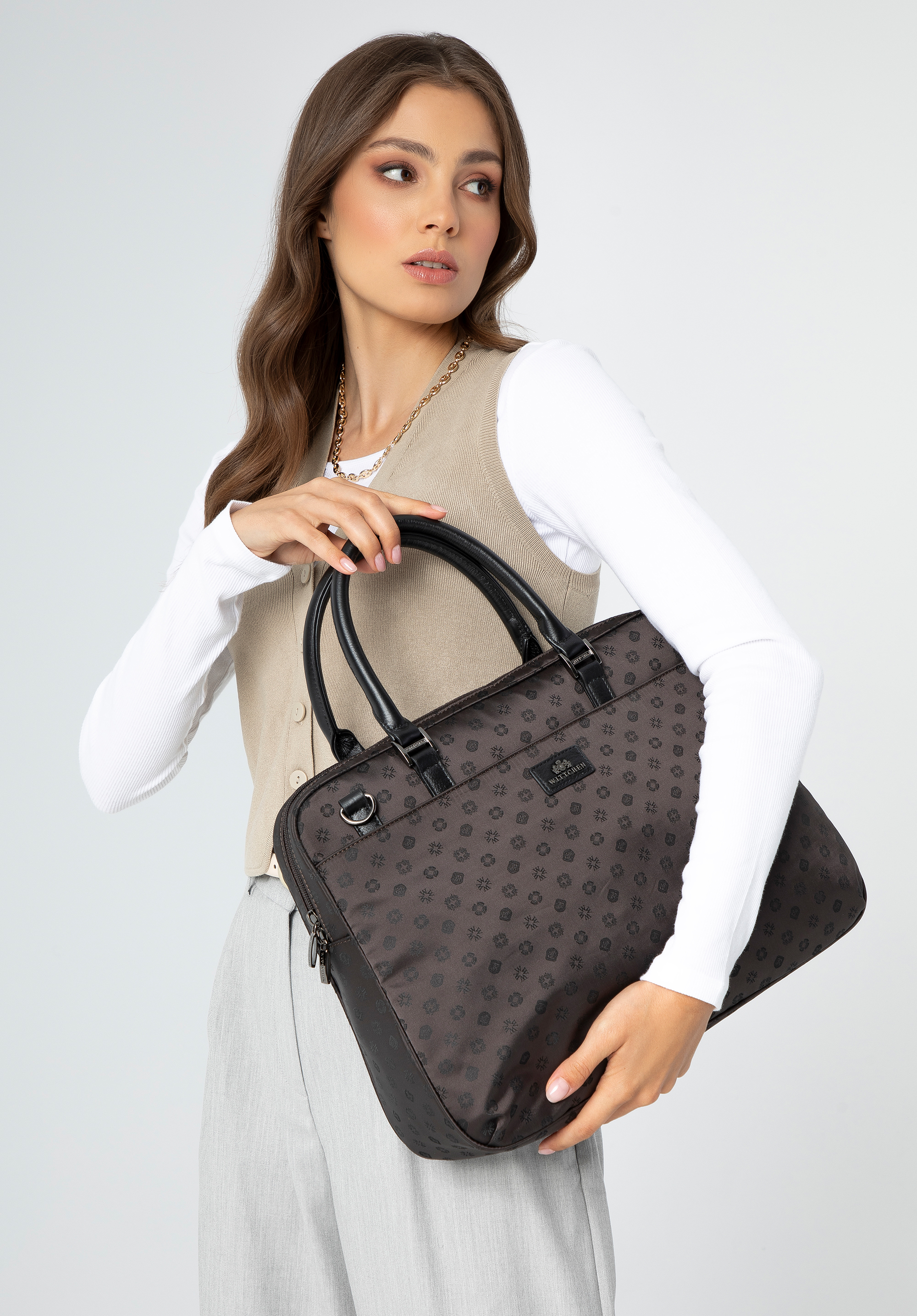 Women's 14" monogram jacquard laptop bag, brown, 98-4E-907-4, Photo 1