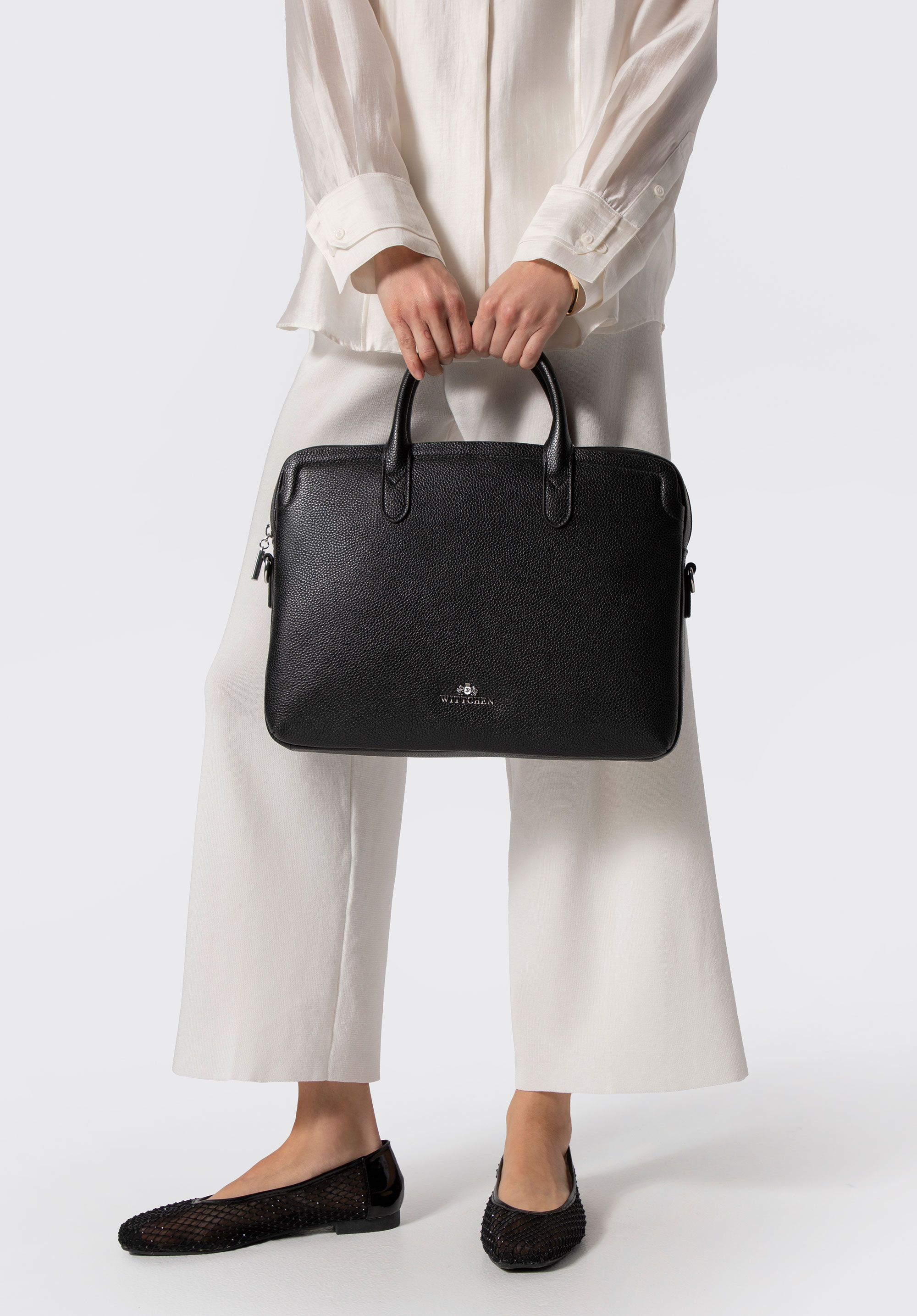 Damska torba na laptopa 15,6” ze skóry naturalnej groszkowej, czarno-srebrny, 102-4E-620-1S, Zdjęcie 1