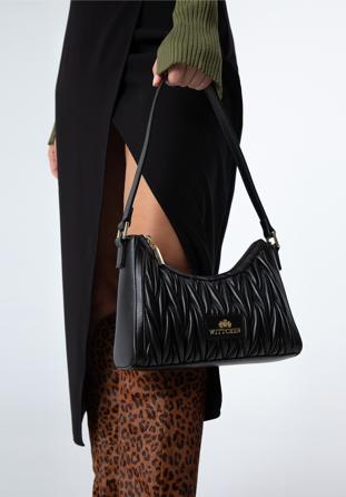 Women's ruched leather baguette bag, black, 97-4E-600-1, Photo 1