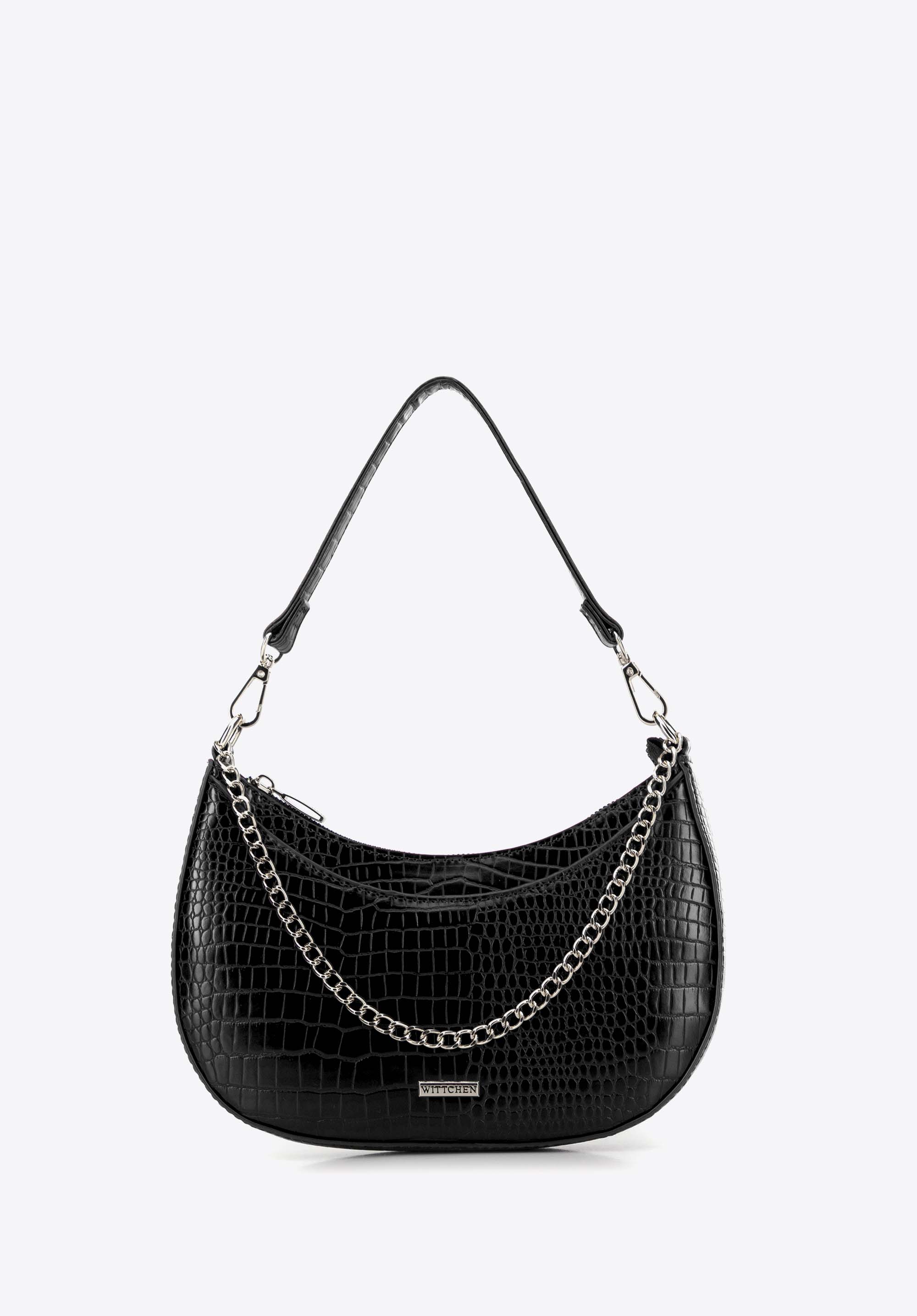 Women s black silver croc embossed baguette bag with chain detail I WITTCHEN