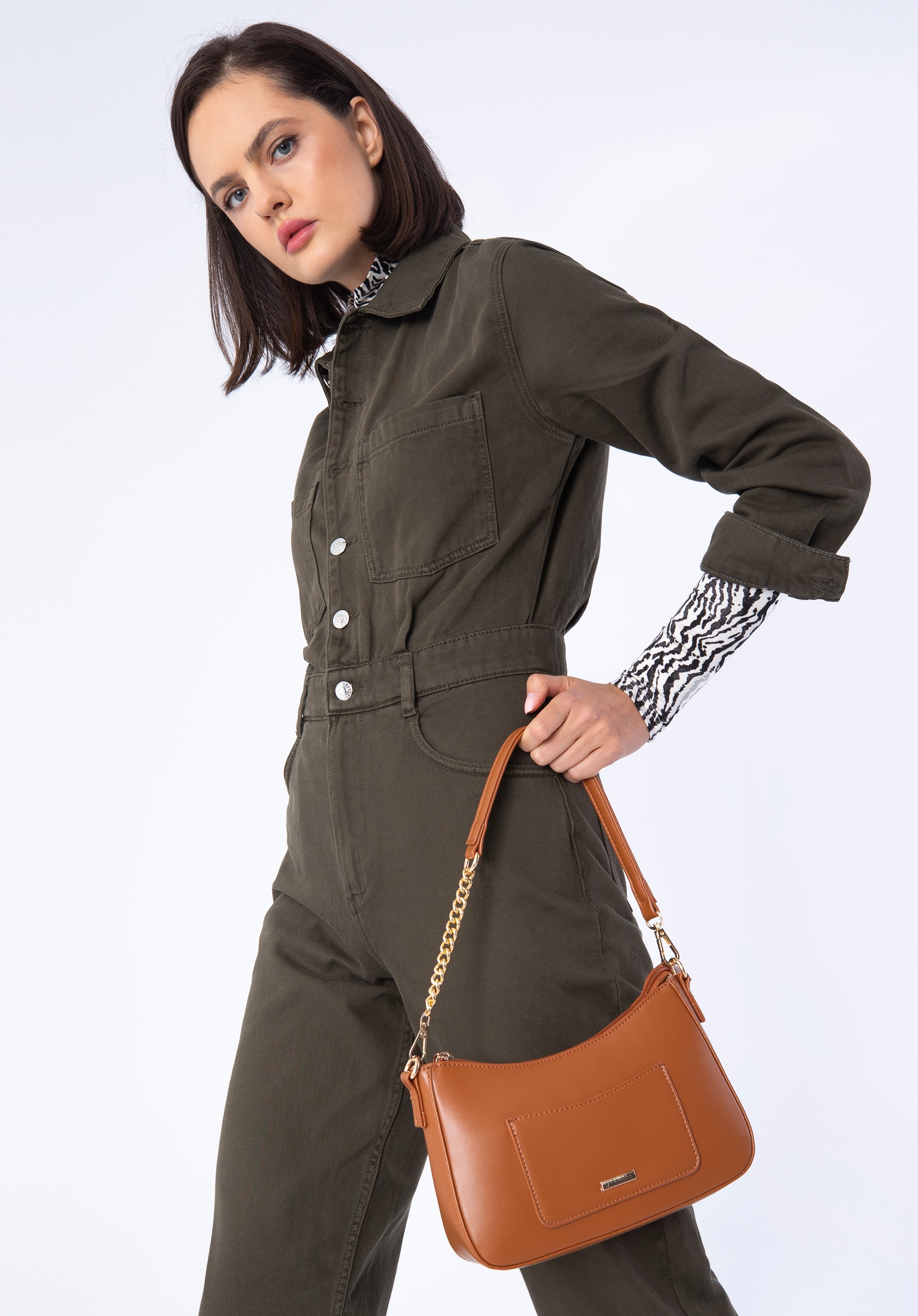 Faux leather chain strap baguette bag, brown, 97-4Y-624-5, Photo 1
