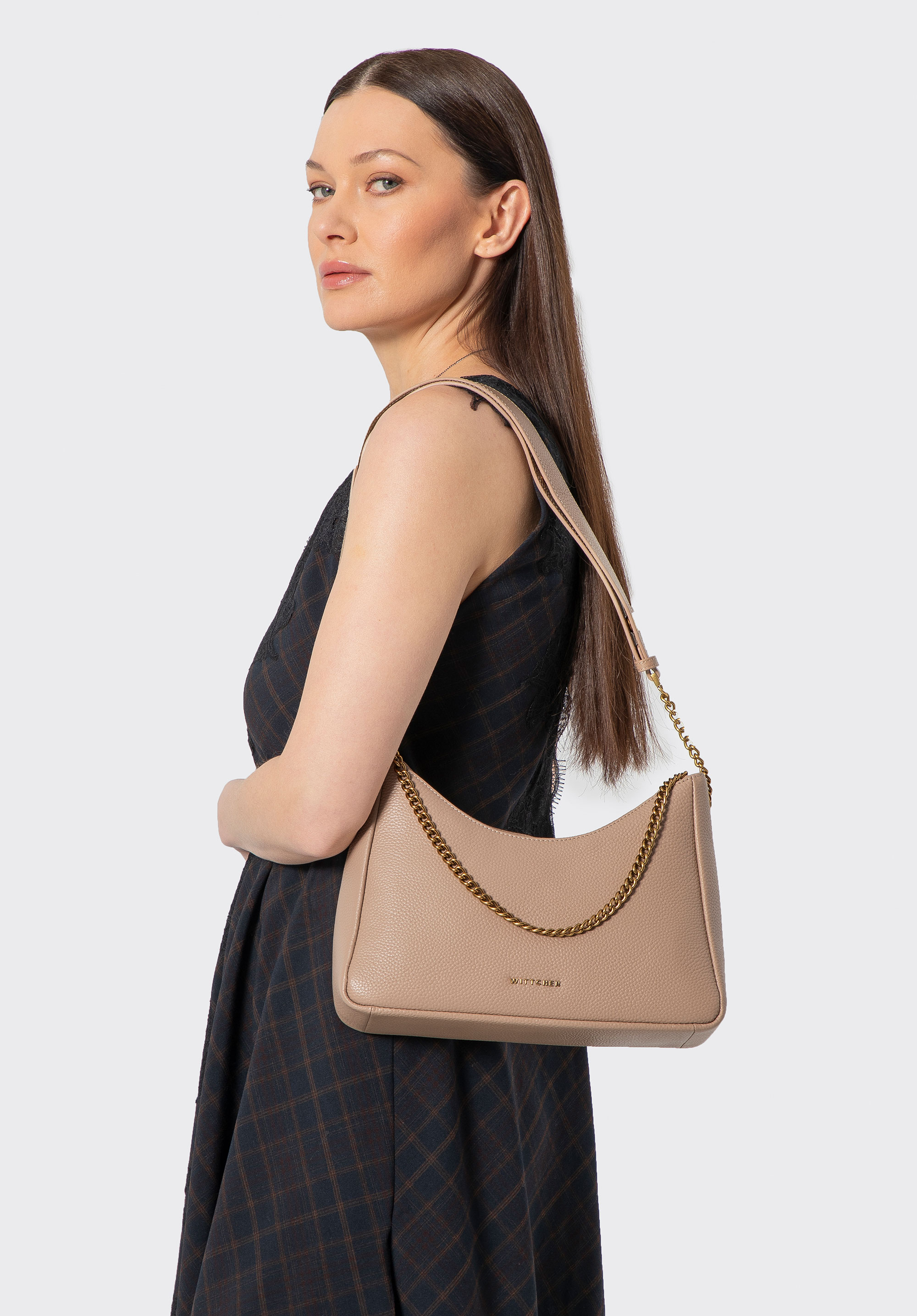 Damska torebka bagietka ze skóry, beżowy, 100-4E-606-9, Zdjęcie 1