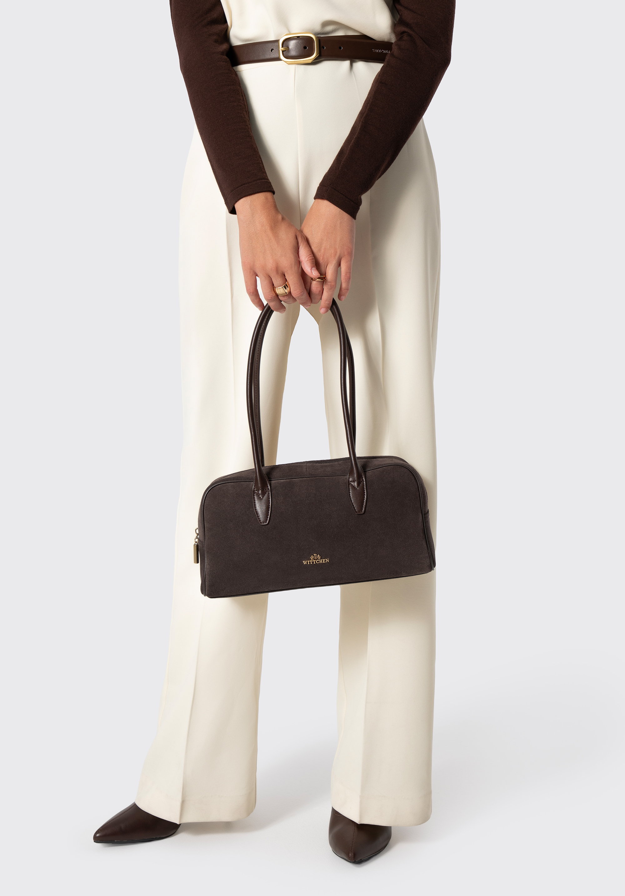 Women's leather and suede baguette bag, dark brown, 103-4E-634-4, Photo 1