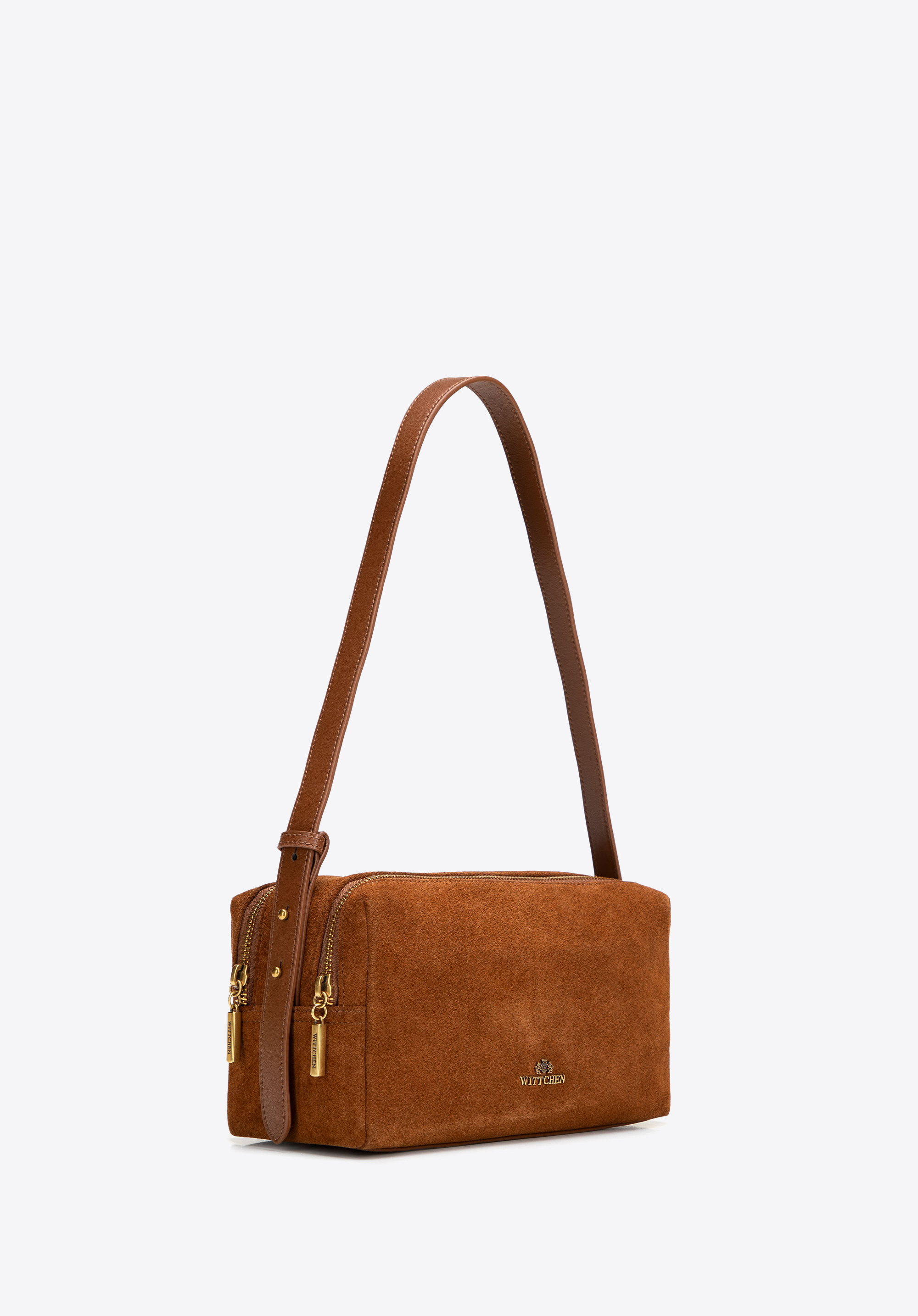 Damska torebka bagietka ze skóry zamszowej, jasny brąz, 102-4E-609-5, Zdjęcie 1