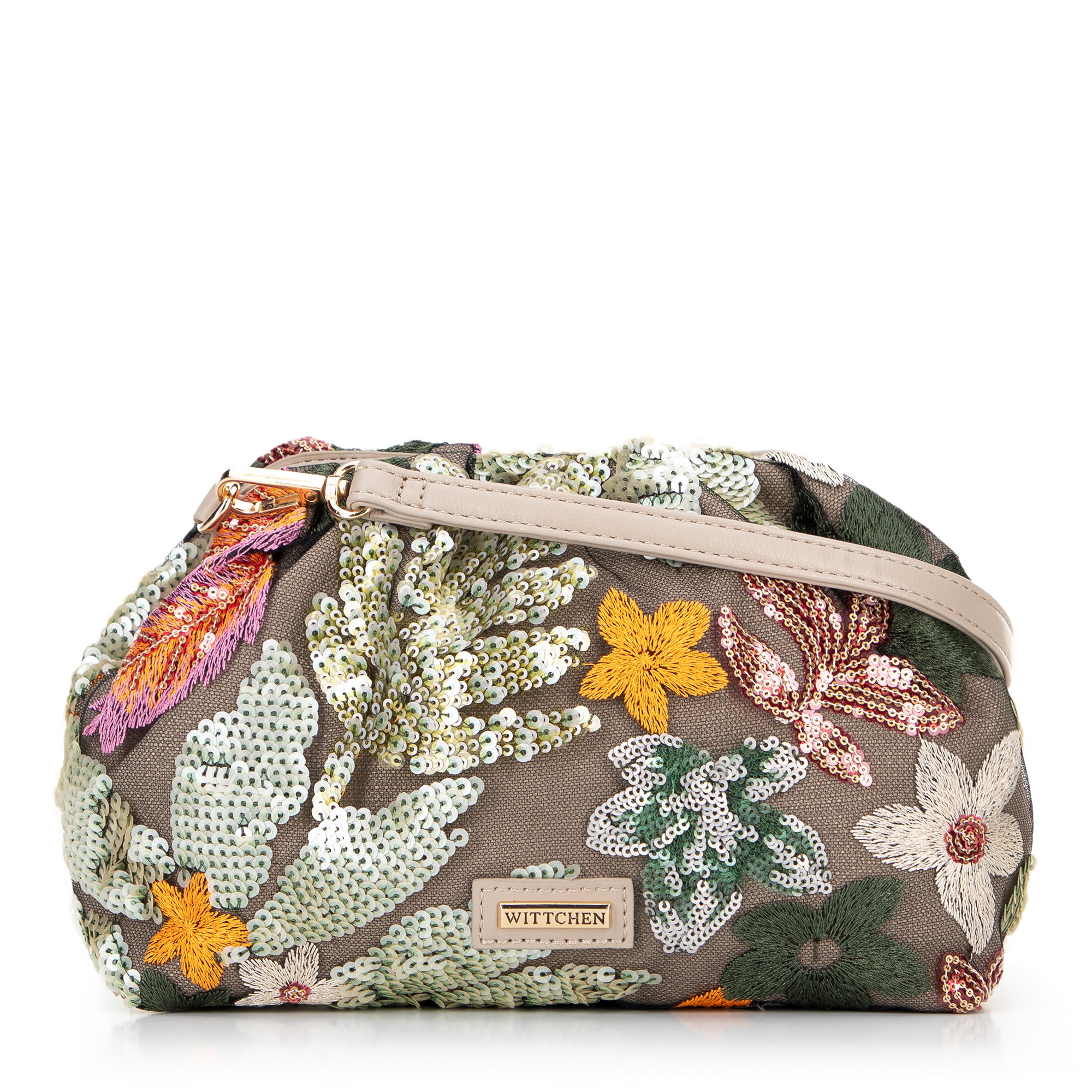 Dámska crossbody kabelka s flitrami zeleno-ružová 100-4Y-429-P