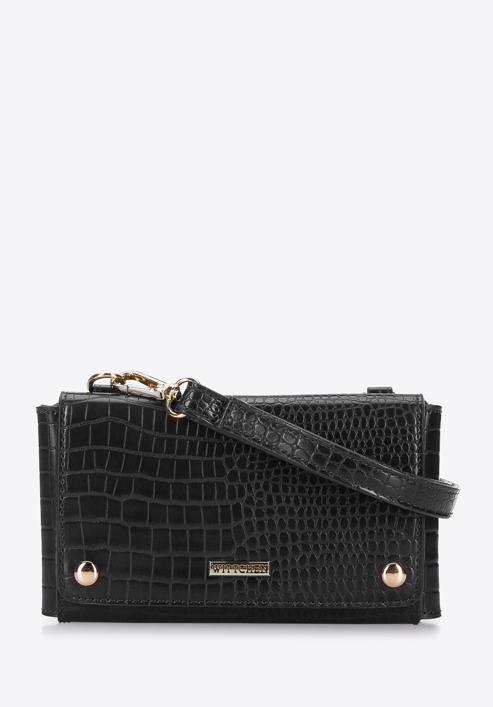 Women's envelope croc print handbag, black, 94-4Y-527-7, Photo 2