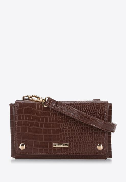 Women's envelope croc print handbag, dark brown, 94-4Y-527-77, Photo 2