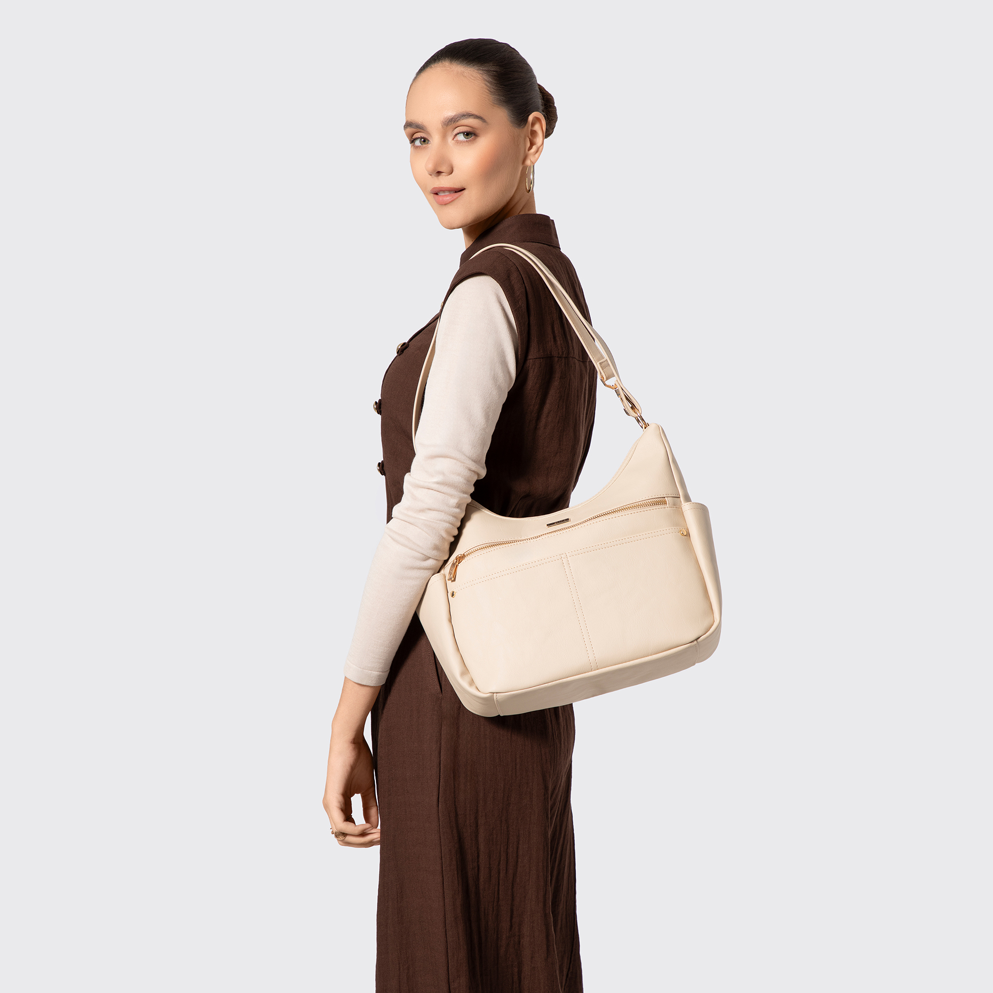 Krémová dámska crossbody kabelka Wittchen z polyesteru s elegantným vzhľadom, Vyberte variant krémová