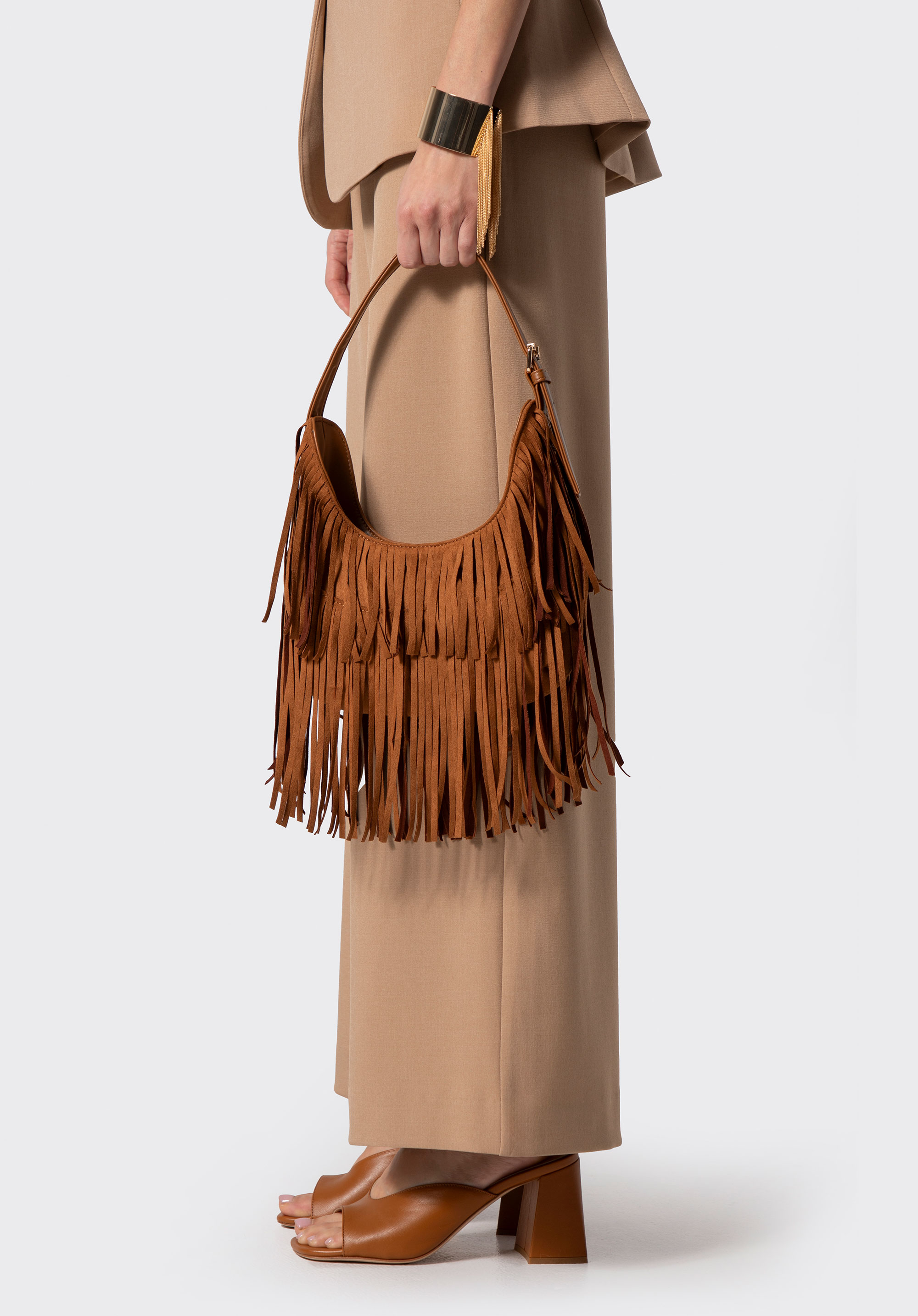 Damska torebka na ramię z frędzlami, brązowy, 102-4Y-409-5, Zdjęcie 1