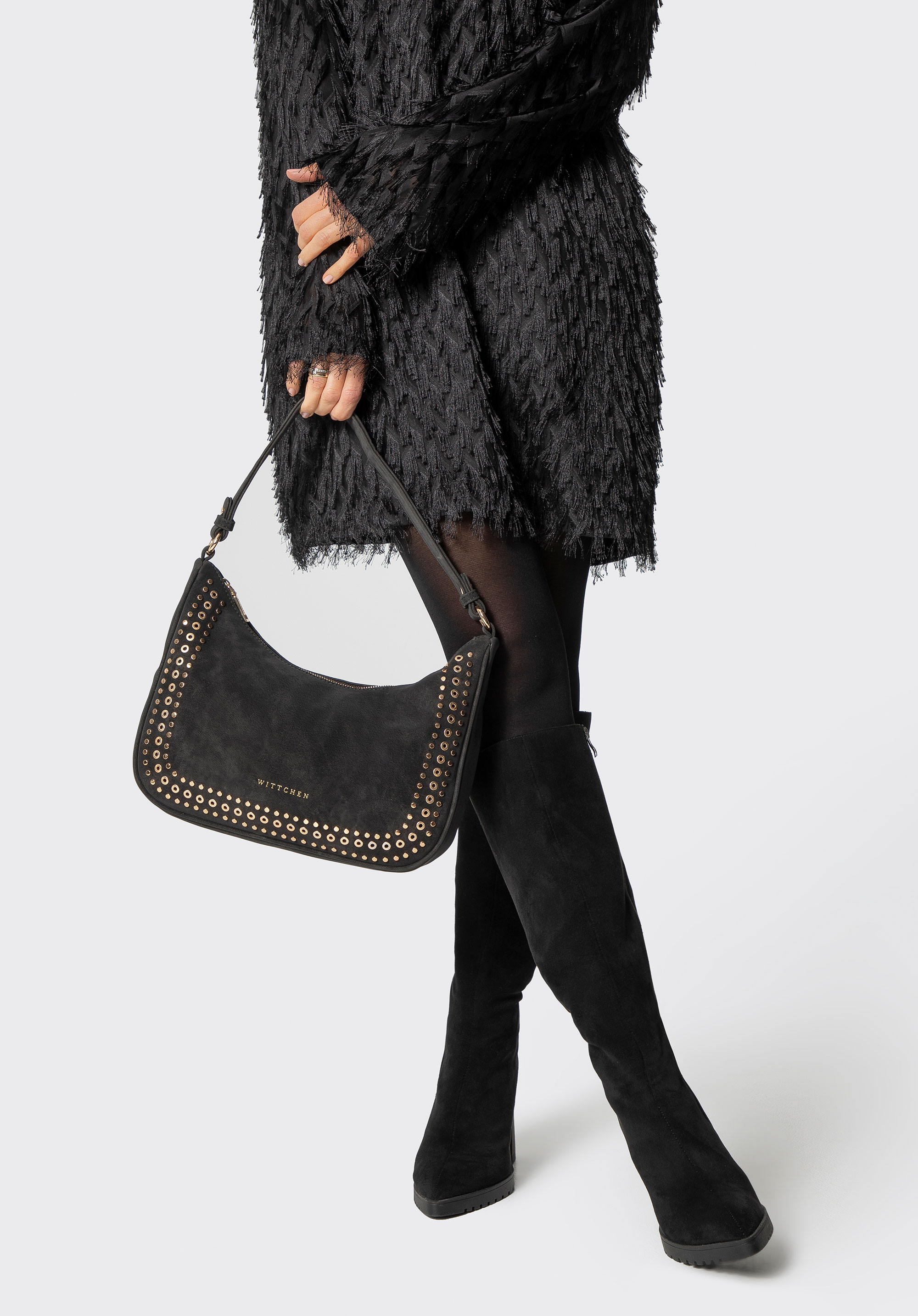 Damska torebka na ramię z ozdobnymi dżetami, czarny, 101-4Y-713-1, Zdjęcie 1