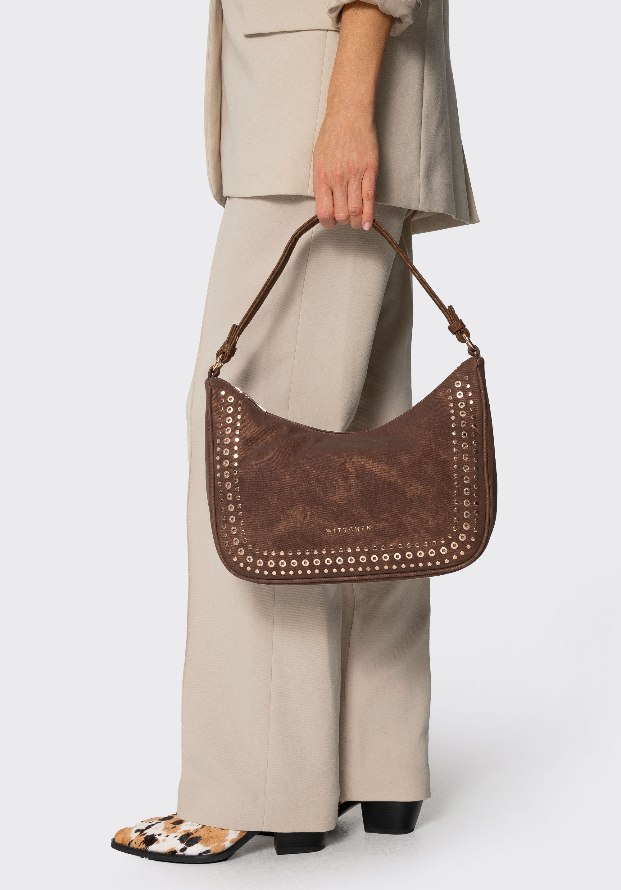 Damska torebka na ramię z ozdobnymi dżetami, brązowy, 101-4Y-713-4, Zdjęcie 1