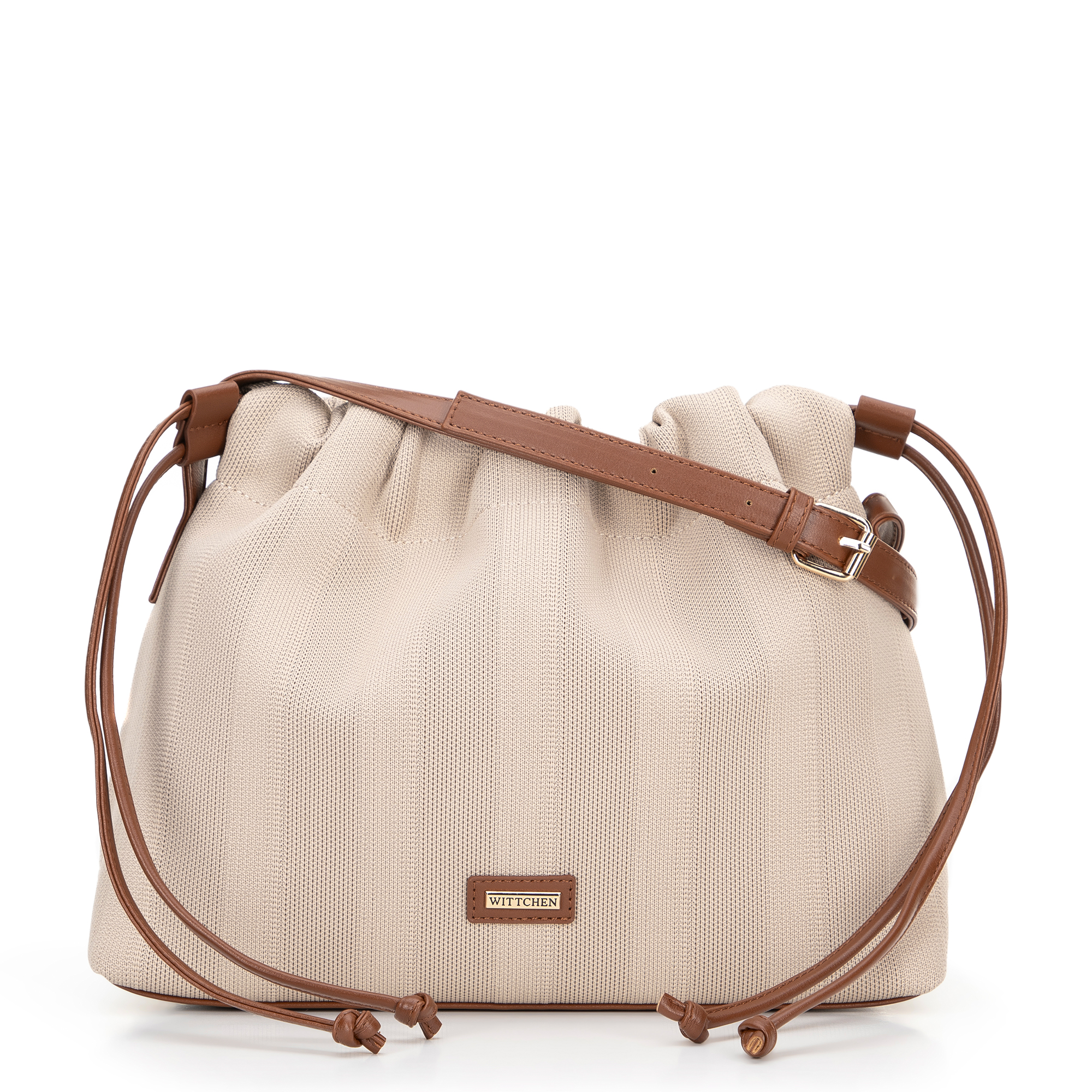 Dámska kabelka typu vak so šnúrkami béžovo-hnedá 100-4Y-402-9