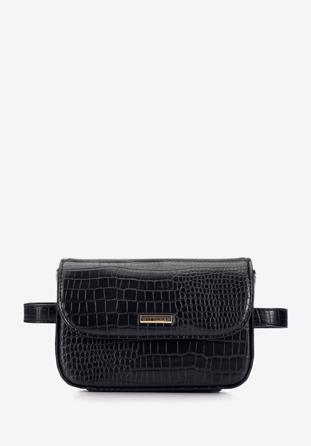 Women's faux leather croc print waist bag, black, 95-3Y-533-1, Photo 1