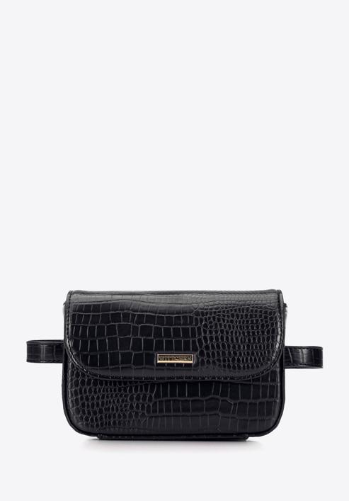 Women's faux leather croc print waist bag, black, 95-3Y-533-4, Photo 1