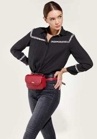 Women's faux leather croc print waist bag, red, 95-3Y-533-3, Photo 1