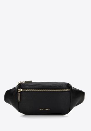Women's plain leather waist bag, black-gold, 98-3E-617-1G, Photo 1