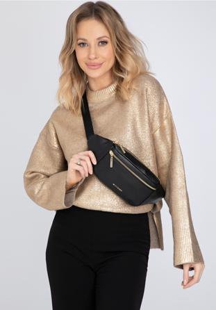Women's plain leather waist bag, black-gold, 98-3E-617-1G, Photo 1