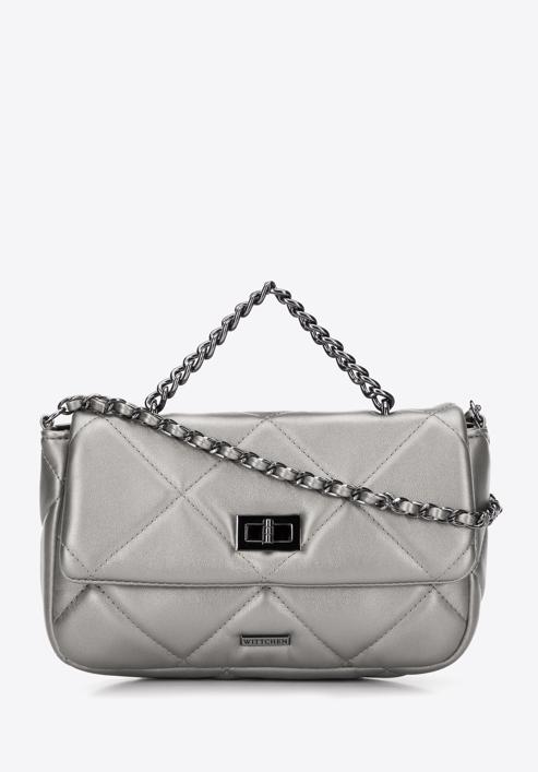 Women's quilted faux leather flap bag, silver, 97-4Y-228-G, Photo 1