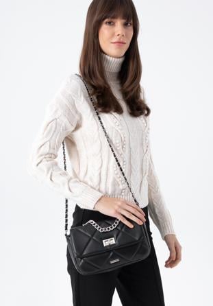 Women's quilted faux leather flap bag, black-silver, 97-4Y-228-1S, Photo 1