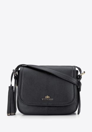 Women's leather saddle bag with tassel detail, black, 95-4E-023-1, Photo 1