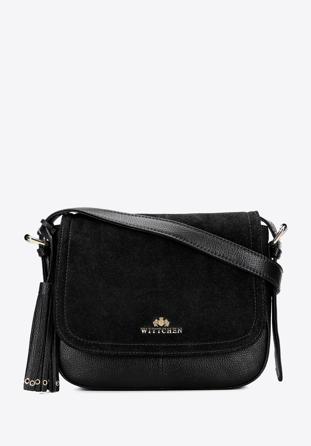 Women's leather saddle bag with tassel detail, black-gold, 95-4E-023-11, Photo 1