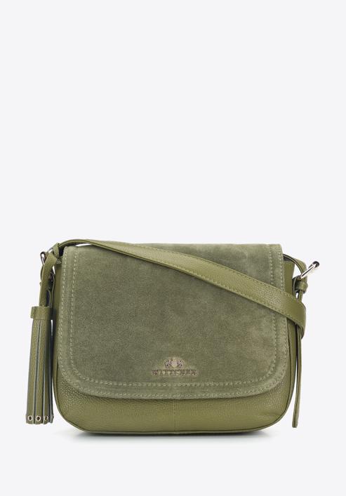 Women's leather saddle bag with tassel detail, green, 95-4E-023-3, Photo 1
