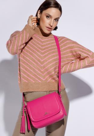 Women's leather saddle bag with tassel detail, pink, 95-4E-023-3, Photo 1