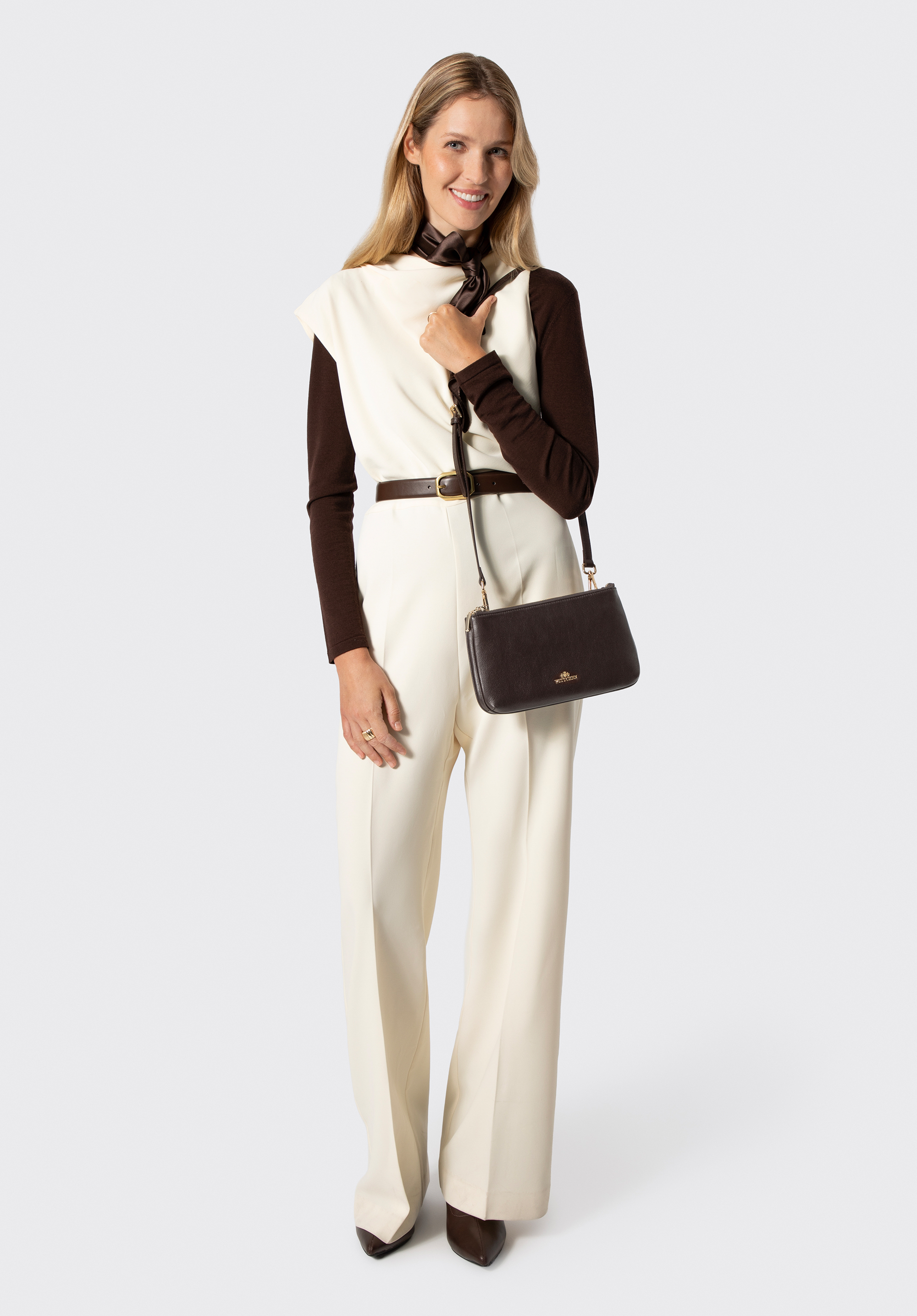 Women's two-compartment leather handbag with detachable strap, dark brown, 103-4E-626-4, Photo 1