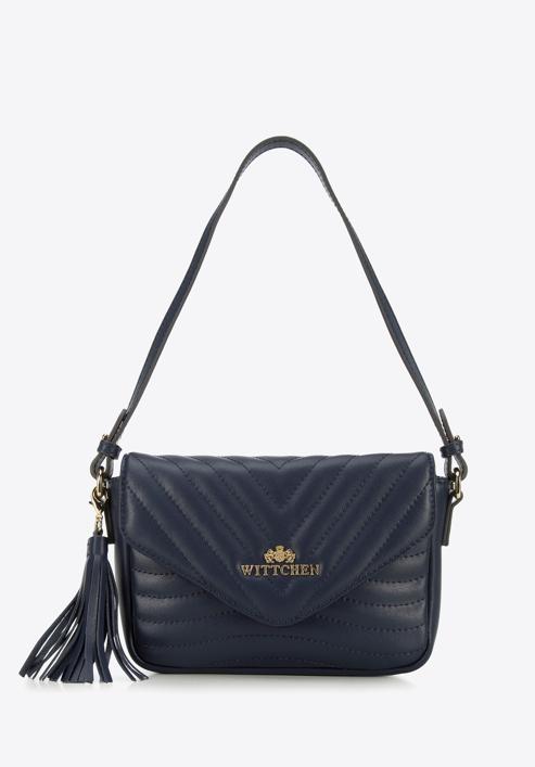 Leather quilted flap bag with tassel detail, dark navy blue, 95-4E-620-V, Photo 1