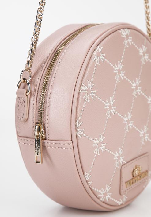 Round embroidered leather handbag, light pink, 96-4E-016-P, Photo 4