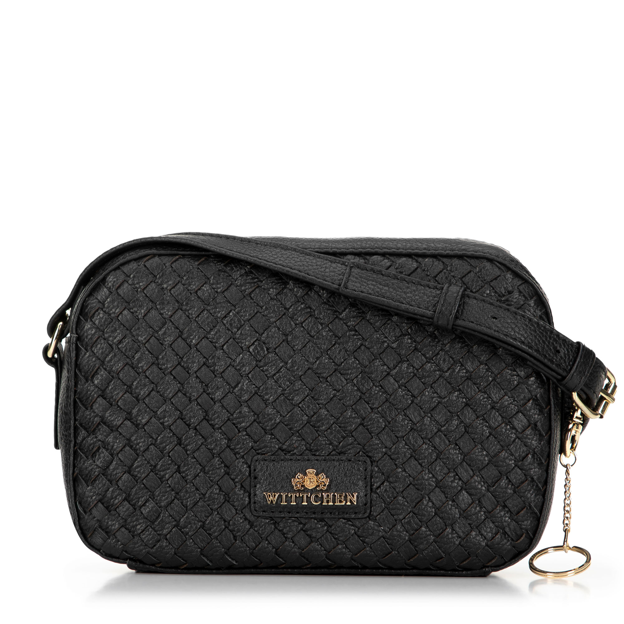 Dámska kožená kabelka s pleteným detailom vpredu čierna 99-4E-028-1